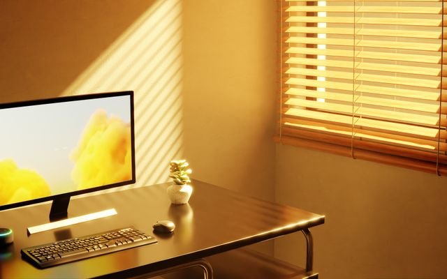 Peaceful office setup with a monitor and window blinds bathed in warm sunlight, creating a serene workspace.