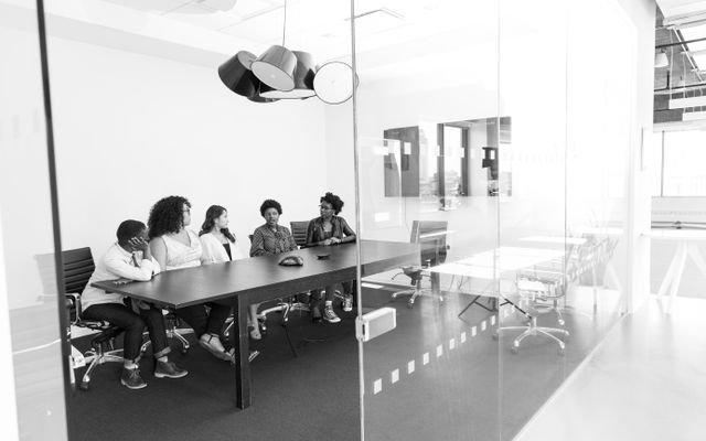 Group of professionals in a black and white office meeting discussing work around a conference table.