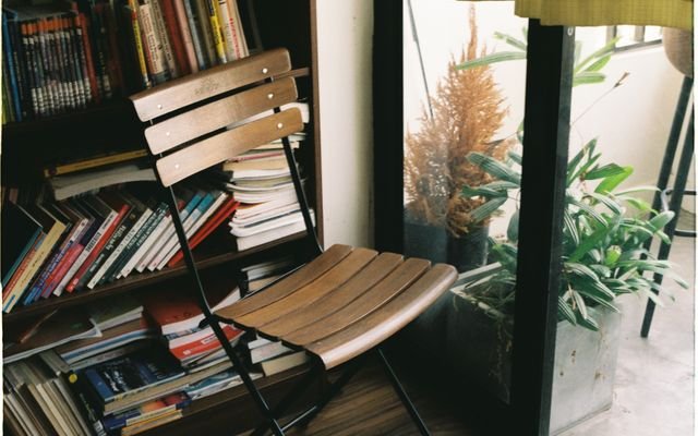 A warm, inviting space featuring a wooden chair, bookshelves, and indoor plants by a window.