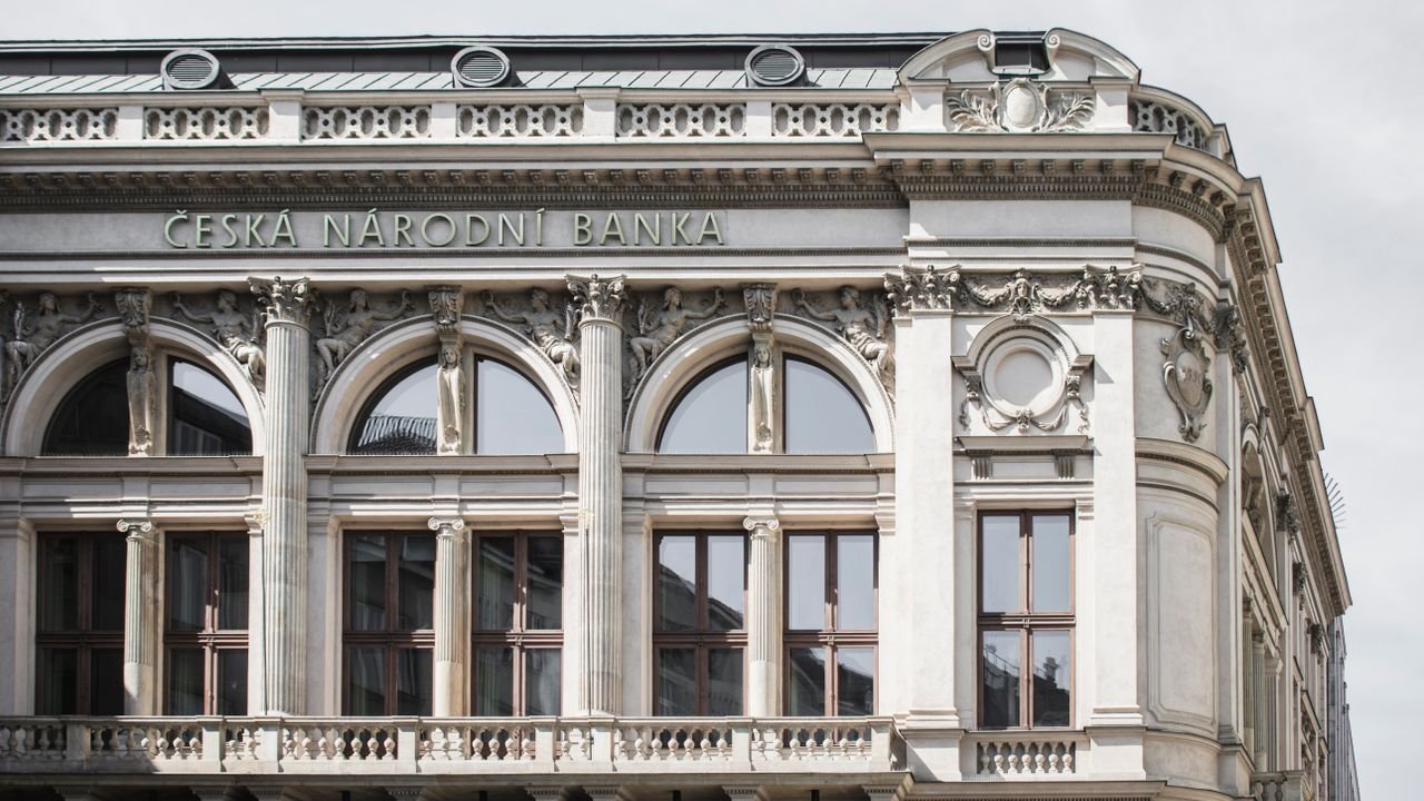 Elegant exterior of Česká Národní Banka showcasing classic architecture in Prague, Czech Republic.