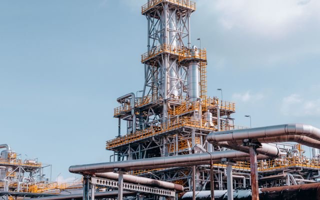 View of a large oil refinery plant with intricate pipelines in Trzebinia, Poland.