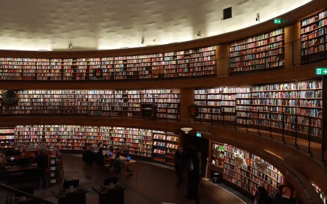 A vast collection of books lining the shelves of Stockholm's iconic public library.