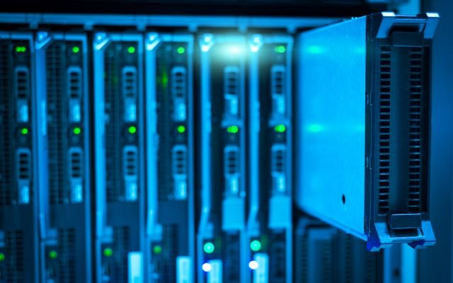 Detailed view of a server rack with a focus on technology and data storage.