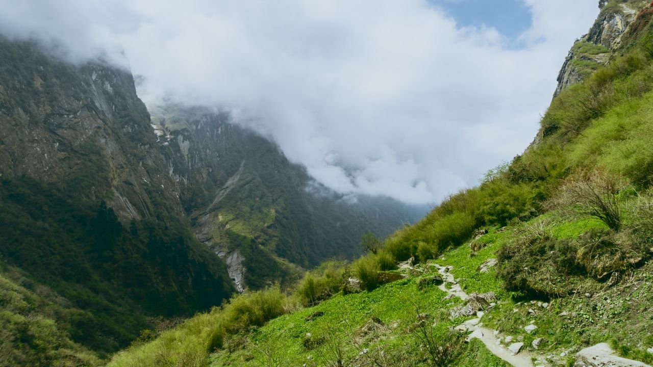 Explore a scenic mountain path enveloped by lush greenery and towering cliffs in this summer landscape.