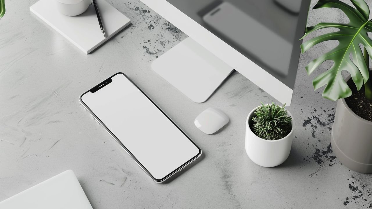 A clean minimalist workspace featuring a smartphone, computer, and plants on a concrete desk.