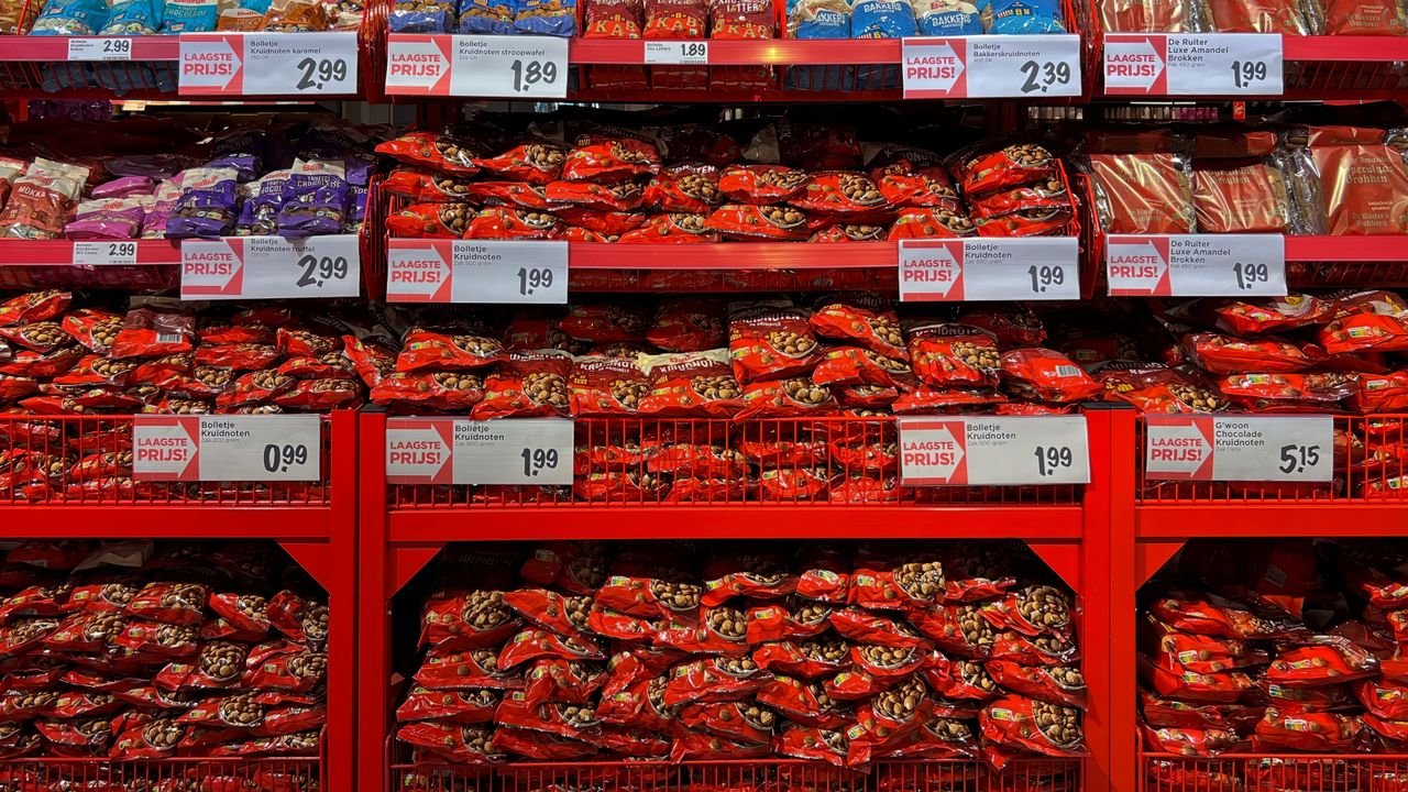 Vibrant assortment of candy bags in a supermarket with signs in Dutch promoting low prices.
