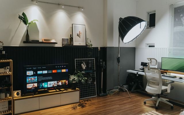Stylish home office and living room space featuring modern furniture and contemporary design elements.