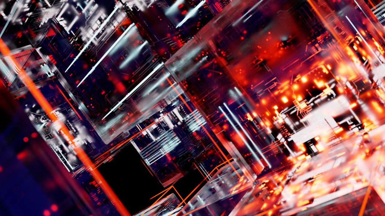 Abstract futuristic cyber landscape with digital matrix and glowing lights.