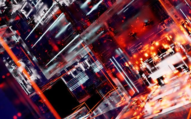 Abstract futuristic cyber landscape with digital matrix and glowing lights.