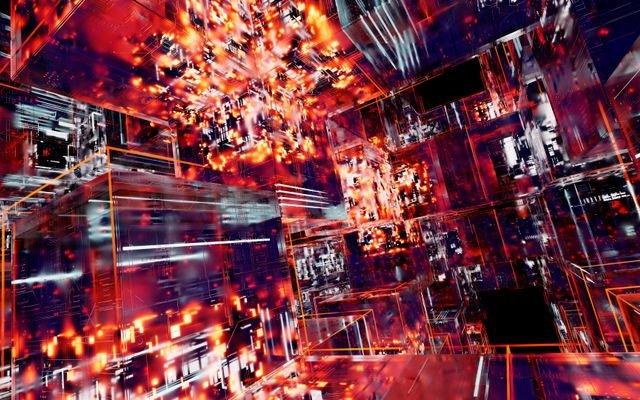 Abstract digital artwork featuring futuristic cubes with glowing neon lights and intricate patterns.