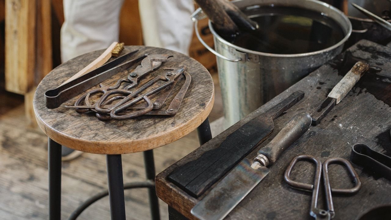Closeup of traditional glassblowing tools in a workshop in Nagano, Japan.
