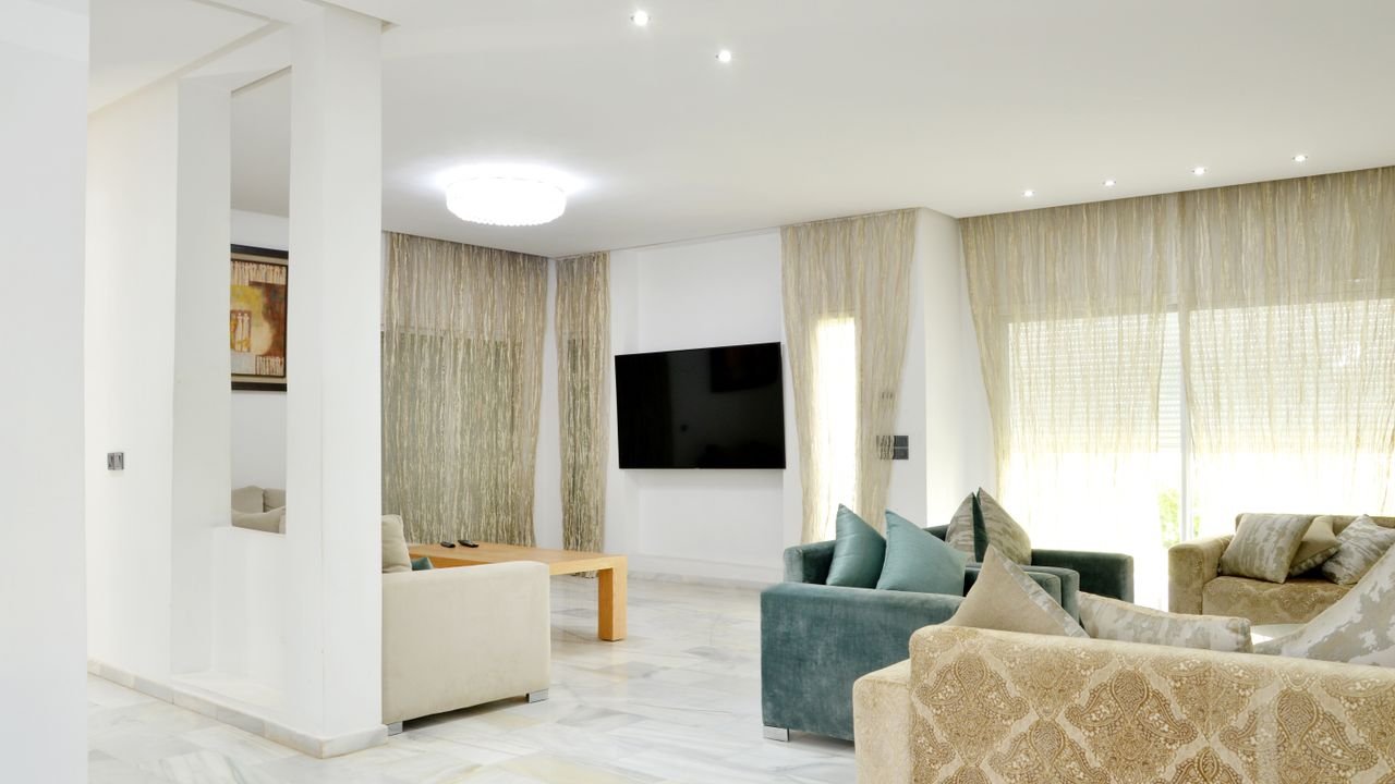 Spacious modern living room with elegant sofas and stylish decor.