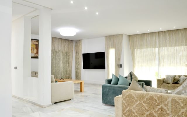 Spacious modern living room with elegant sofas and stylish decor.