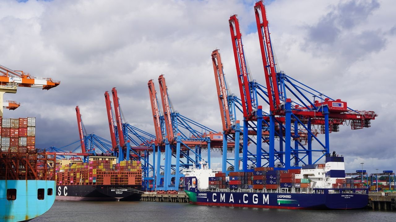 Container ships and cranes at the bustling Hamburg port, showcasing global trade activity.