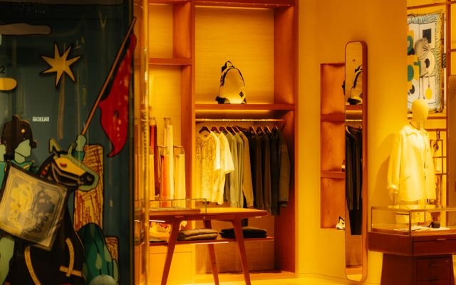 Elegant fashion boutique interior with stylish clothing and accessories on display.