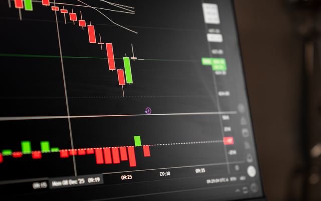 A close-up of a digital screen showing stock market candlestick chart data.