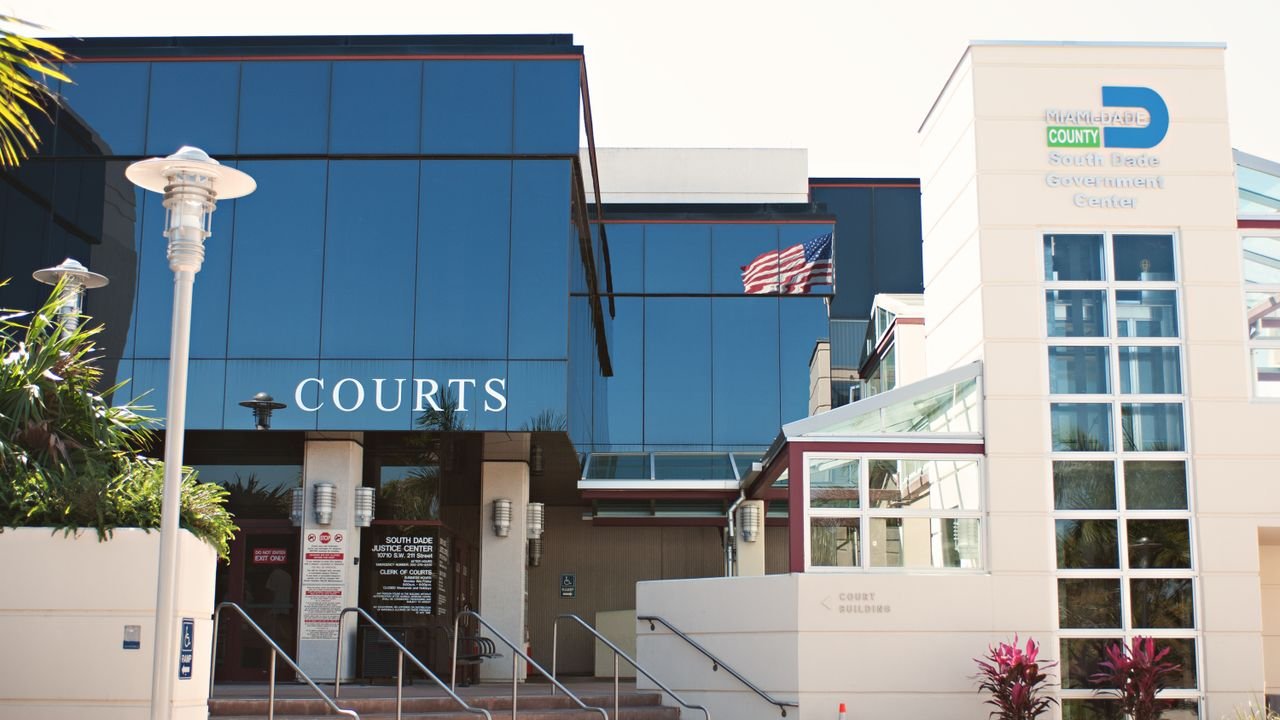 South Dade Justice Center and Government Building facade in Miami, Florida showcases modern architecture.