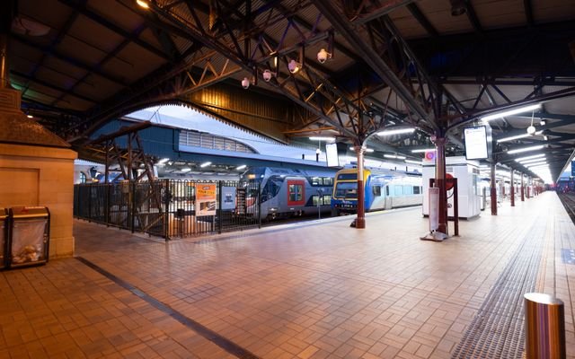 Wide view of Central Railway Station platform in Sydney at dusk with trains and architectural details.