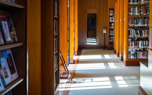A peaceful library aisle illuminated by sunlight streaming in, showcasing book-filled shelves.