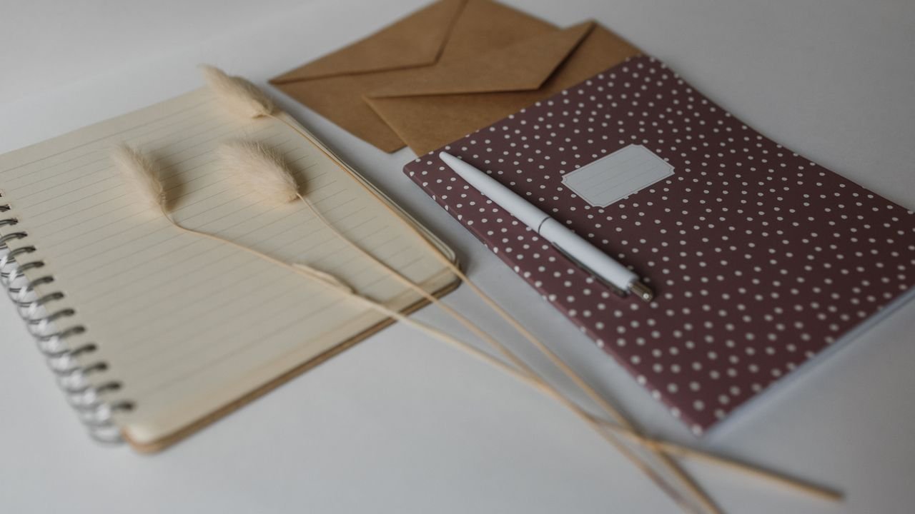 A flat lay of notebooks, a pen, envelopes, and dried grass on a white background.
