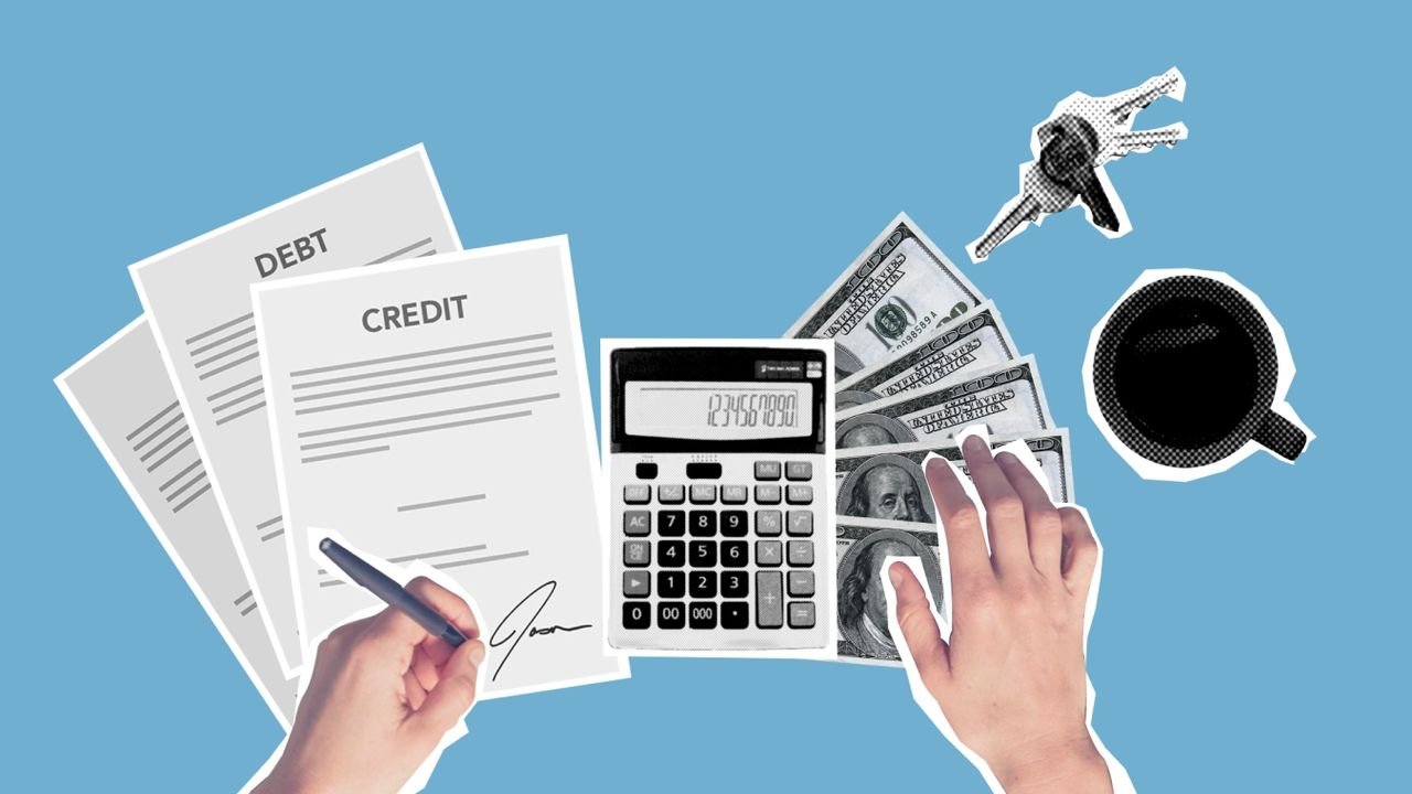Top view of cutout paper composition of male signing credit paper while counting cash and apartment cost against blue background