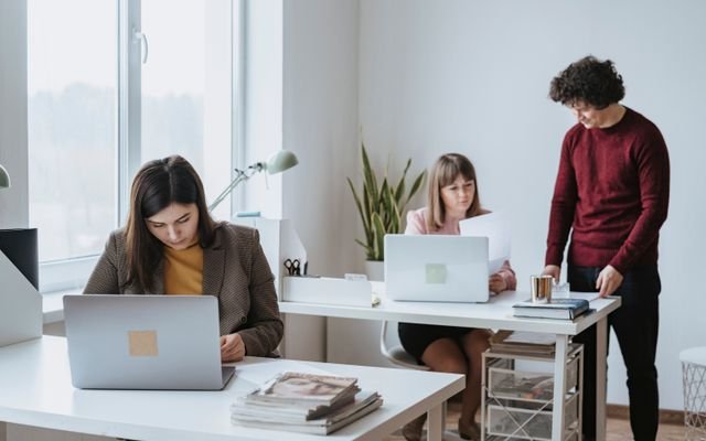 Group of colleagues working together in a bright, modern office space with laptops.