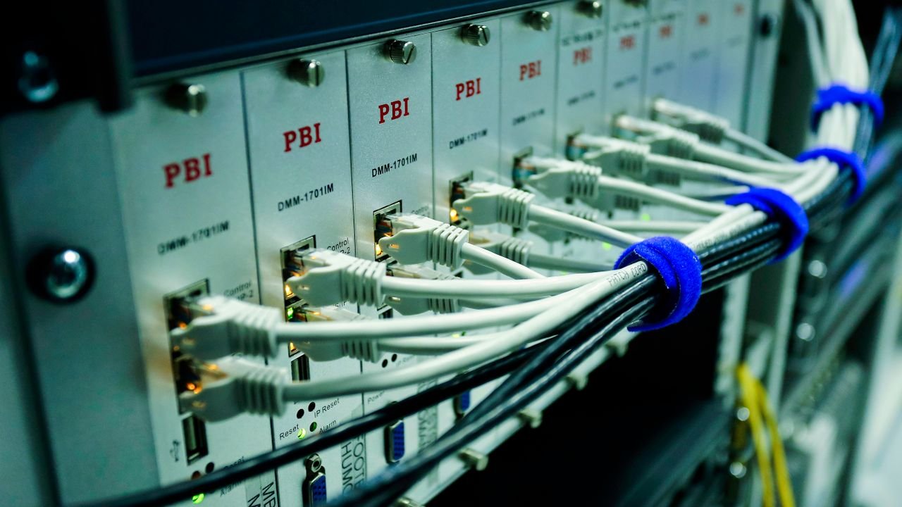 Close-up of ethernet cables connected to a network switch panel in a data center.