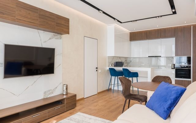 Interior of living room and open kitchen with comfortable sofa TV and chairs placed near round table in modern apartment