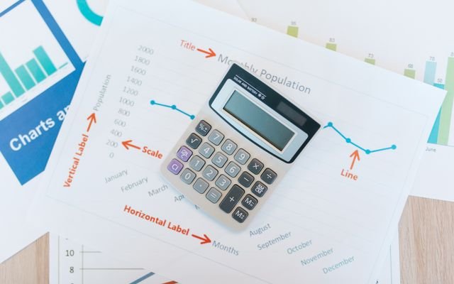 Calculator placed on financial graphs and reports showcasing data analysis and business documentation.