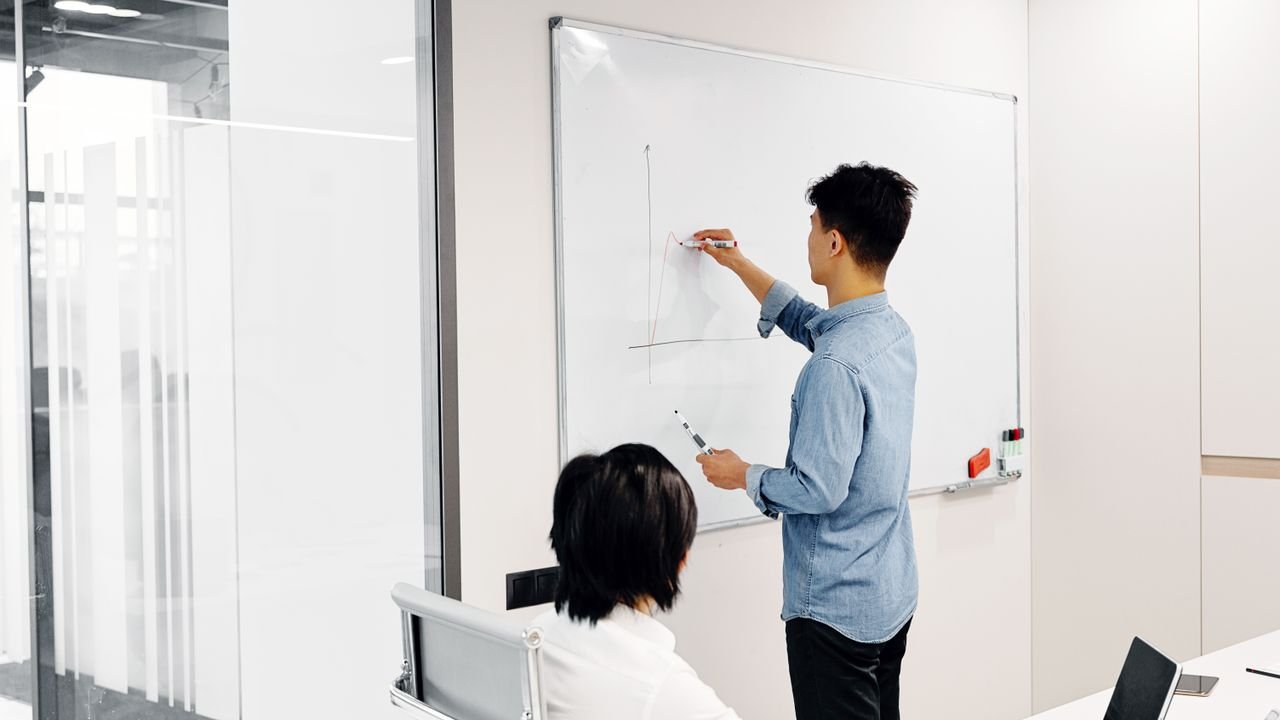 Business professional drawing graph during office presentation with colleague