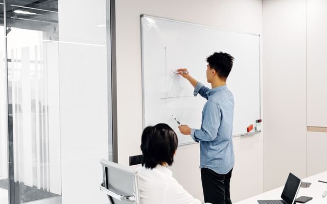 Business professional drawing graph during office presentation with colleague