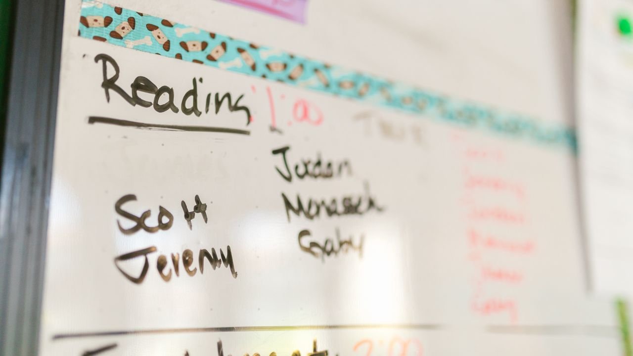 Close-up of a classroom whiteboard with names and reading schedule, ideal for education themes.