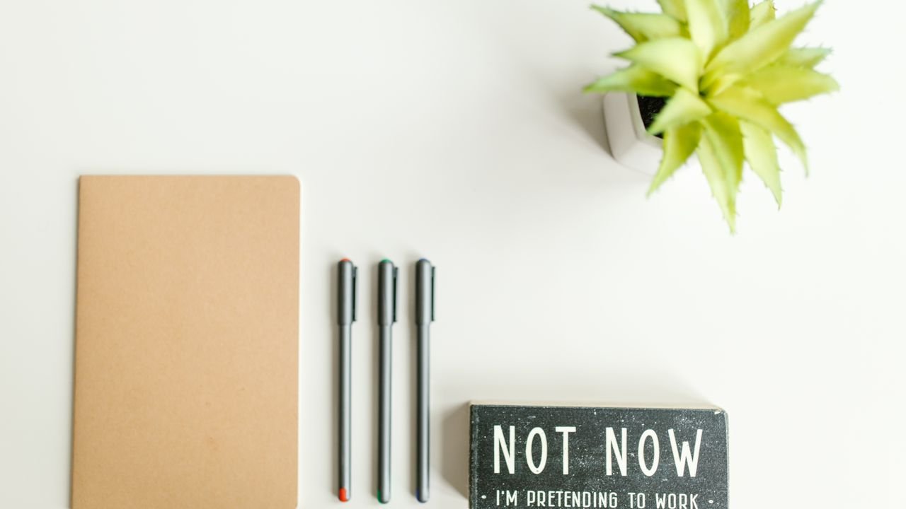Organized flat lay of a notebook, pens, and a playful desk sign with a plant.