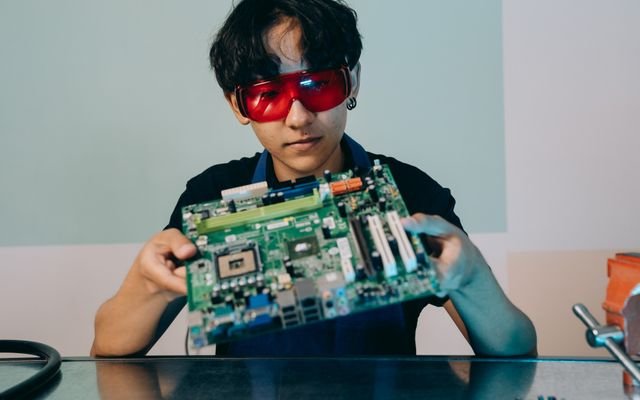 A focused young engineer holding a motherboard, wearing eye protection indoors.