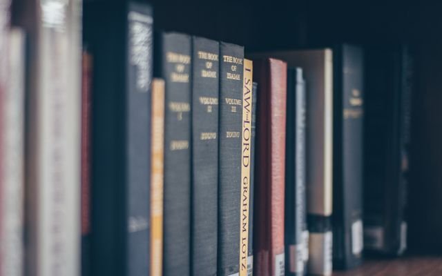 A focused view of books on a library shelf featuring various titles in soft lighting.